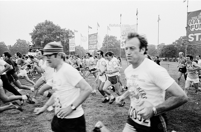 First National Fun Run. Hyde Park, London, Sunday, 28 September 1980. Picture shows a number of male competitors running.