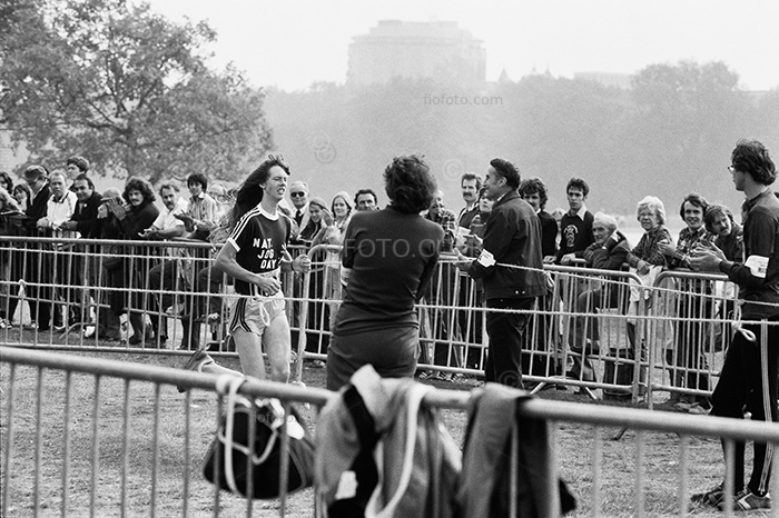 First National Fun Run. Hyde Park, London, Sunday, 28 September 1980. Which later developed into the London Marathon. Image shows female runner reaching the finishing line.