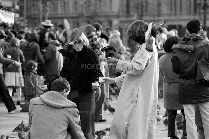 Tourists, pigeons and Trafalgar Square, London.