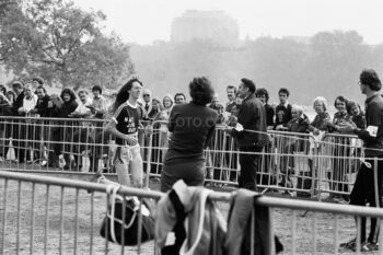 Female runner reaching the finishing line at the Sunday Times National Fun Run event. Hyde Park, London, Sunday, 28 September 1980. Which later developed into the London Marathon.