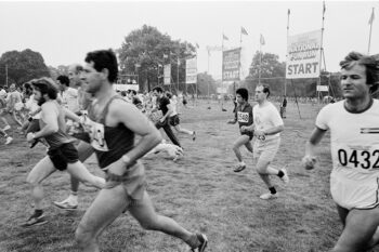 Group of male runners starting off at the Sunday Times National Fun Run event. Hyde Park, London, Sunday, 28 September 1980.