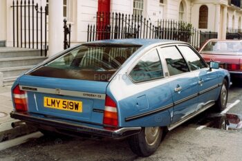 Classic vintage Citroen CX Pallas Automatic motor car in blue parked on a London street.