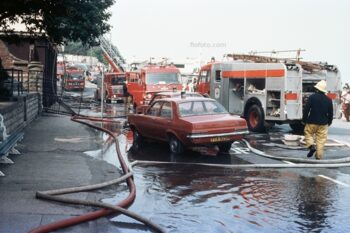 Fire fighters equipment and vehicles at the Esplanade Hotel, Penarth, South Wales 1977