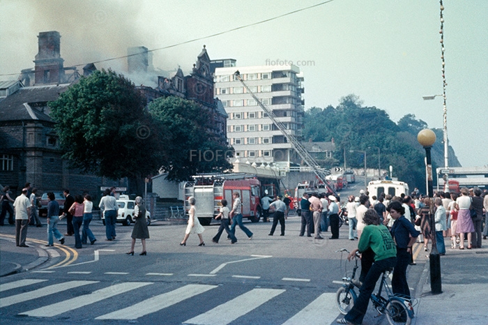 Members of the public watching the fire at the Esplanade Hotel, Penarth, South Wales 1977