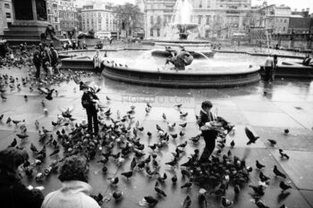 Trafalgar Square, London, UK, 1979. Youngsters feeding pigeons. Fountain in middle ground and Canada house seen in background.