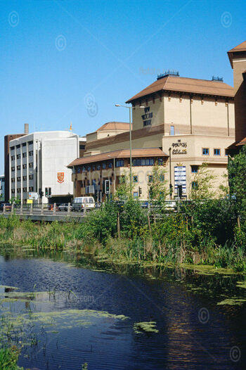 Colour photograph. Woking town centre Peacocks Arts and Entertainment Centre, New Victoria Theatre and Civic Centre. Basingstoke Canal.