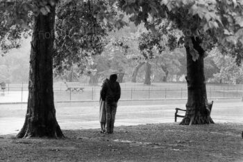 Hyde Park, London, 1979. A couple shelters from heavy rain under an umbrella beneath tall oak trees, creating a moody atmosphere.