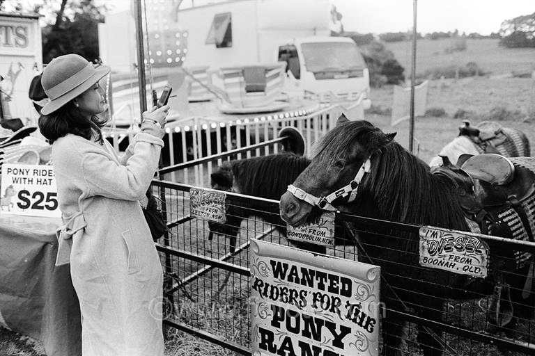 Robertson Potato Festival in NSW, Australia, woman visitor photographing a pony on her mobile phone at the Robertson Showground.