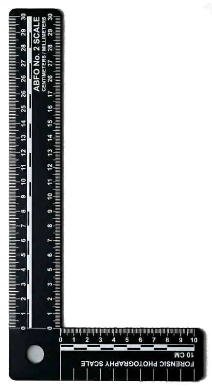 Image showing a right-angle forensic photo measurement scale (commonly called an L-scale).