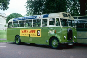 Green Jersey Motor Transport bus, registration JPF869N. Display of vintage transport vehicles Museum Avenue, Cardiff, South Wales. An event as part of the Queens' Silver Jubilee celebrations. Photo July 1977