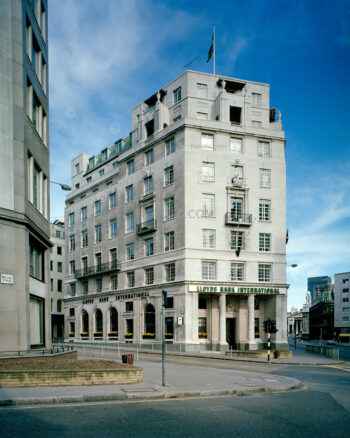 Lloyds Bank International building circa 1979 at 60 Queen Victoria Street, on a busy corner with Queen Street, in the City of London.(Building has since been demolished).