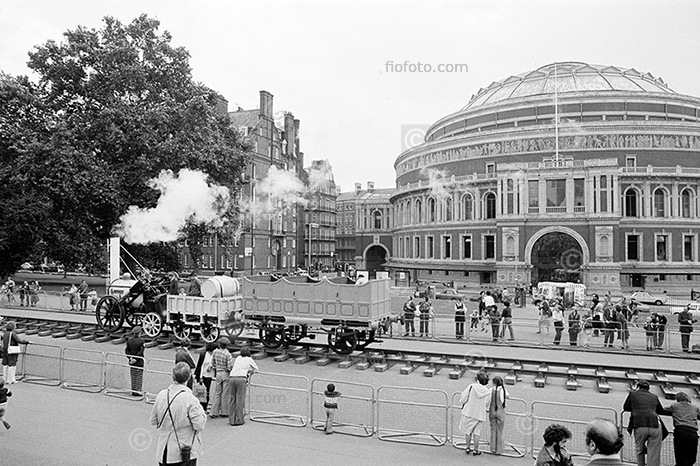 Stephenson's Rocket locomotive train running outside Albert Hall, London