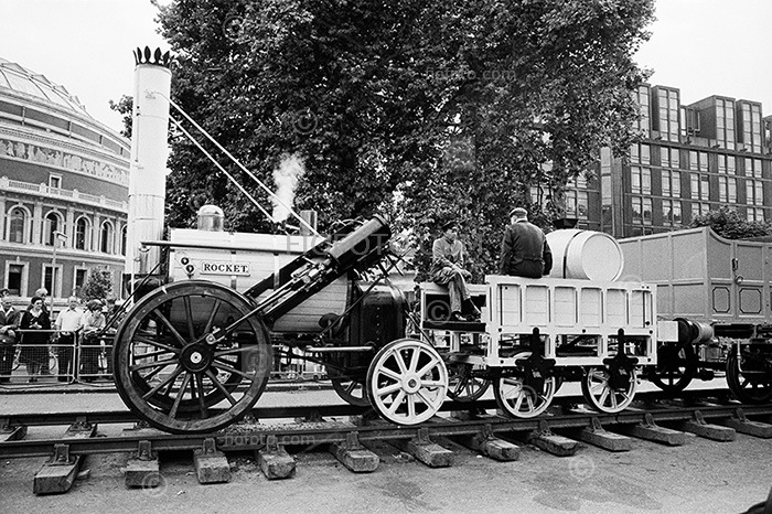 Stephenson's Rocket locomotive steam train outside Albert Hall, London