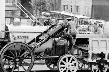 Stephenson's Rocket locomotive steam train outside Albert Hall, London. "Rocket Rides Again" celebration 1979.