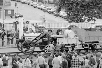Stephenson's Rocket steam train and spectators outside Albert Hall, London. "Rocket Rides Again" celebration 1979.