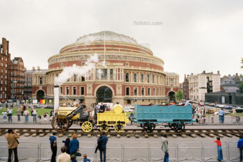 Replica of Stephenson's Rocket running in Hyde Park outside Royal Albert Hall, Kensington Gore, South Kensington, London, UK. August-September 1979. "Rocket Rides Again" celebration.