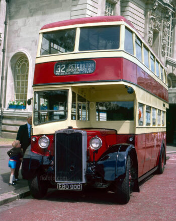 Crossley Motors vintage passenger bus. Display of vintage transport vehicles near Cardiff City Hall, Cardiff, South Wales. Image July 1977. An event as part of Queens' Silver Jubilee celebrations.