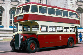 Crossley Motors vintage passenger bus. Display of vintage transport vehicles near Cardiff City Hall, Cardiff, South Wales. Image July 1977. An event as part of Queens' Silver Jubilee celebrations.