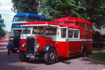 Antique Leyland Titan bus, registration HF 9126, on display with other vintage vehicles at a Queen's Silver Jubilee event in Cardiff, South Wales. Photo July 1977