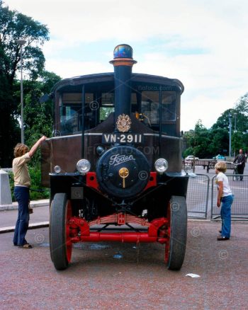 Antique, vintage Foden truck, serial/registration number number VN-2911. Display of vintage transport vehicles near Cardiff City Hall, Cardiff, South Wales. An event as part of the Queens' Silver Jubilee celebrations. Photo July 1977
