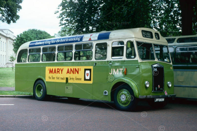 Green Jersey Motor Transport bus, registration JPF869N. Antique, vintage public transport vehicle. Display of vintage transport vehicles Museum Avenue, Cardiff, South Wales. An event as part of the Queens' Silver Jubilee celebrations. Photo July 1977