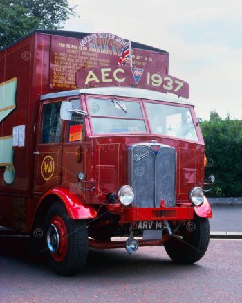 Image shows antique AEC Matador truck, registration ARV 145. Display of vintage transport vehicles Museum Avenue, Cardiff, South Wales. An event as part of the Queens' Silver Jubilee celebrations. Photo July 1977