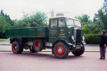 Image shows green antique Leyland truck, lorry. Model unknown. Display of vintage transport vehicles Museum Avenue, Cardiff, South Wales. An event as part of the Queens' Silver Jubilee celebrations. Photo July 1977